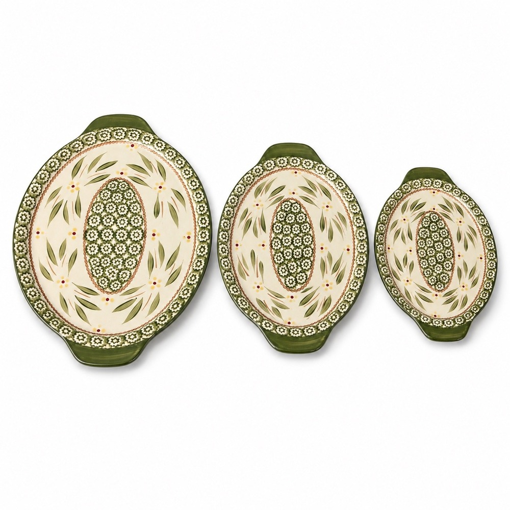 Temp-tations Old World Green Floral Stoneware Oval Serving Platters Set of 3 NEW